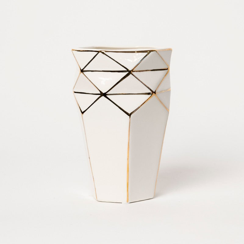 VASO CERAMICA ALTO - BIANCO LINEE ORO