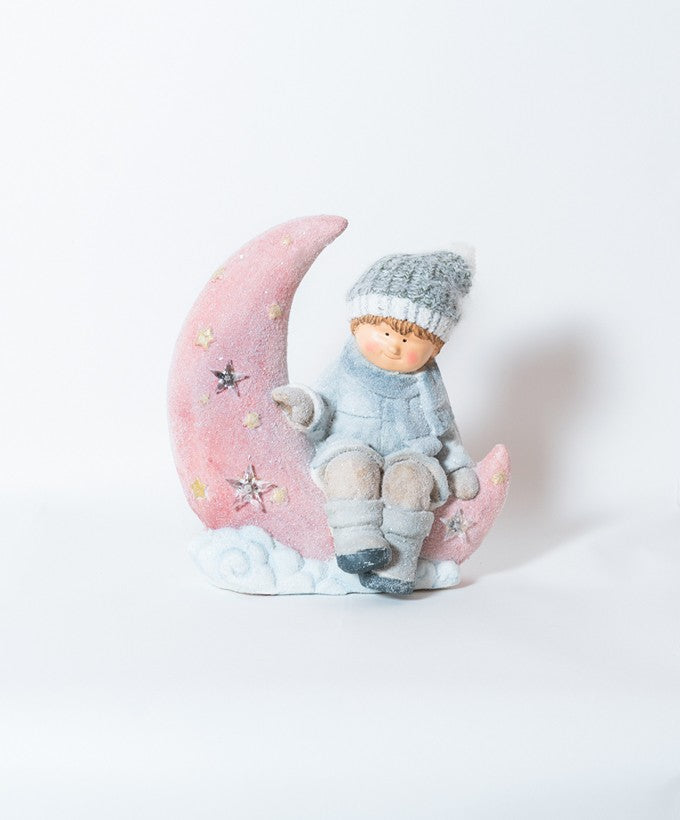 BAMBINO SULLA LUNA ROSA  INNEVATA - LUCI LED