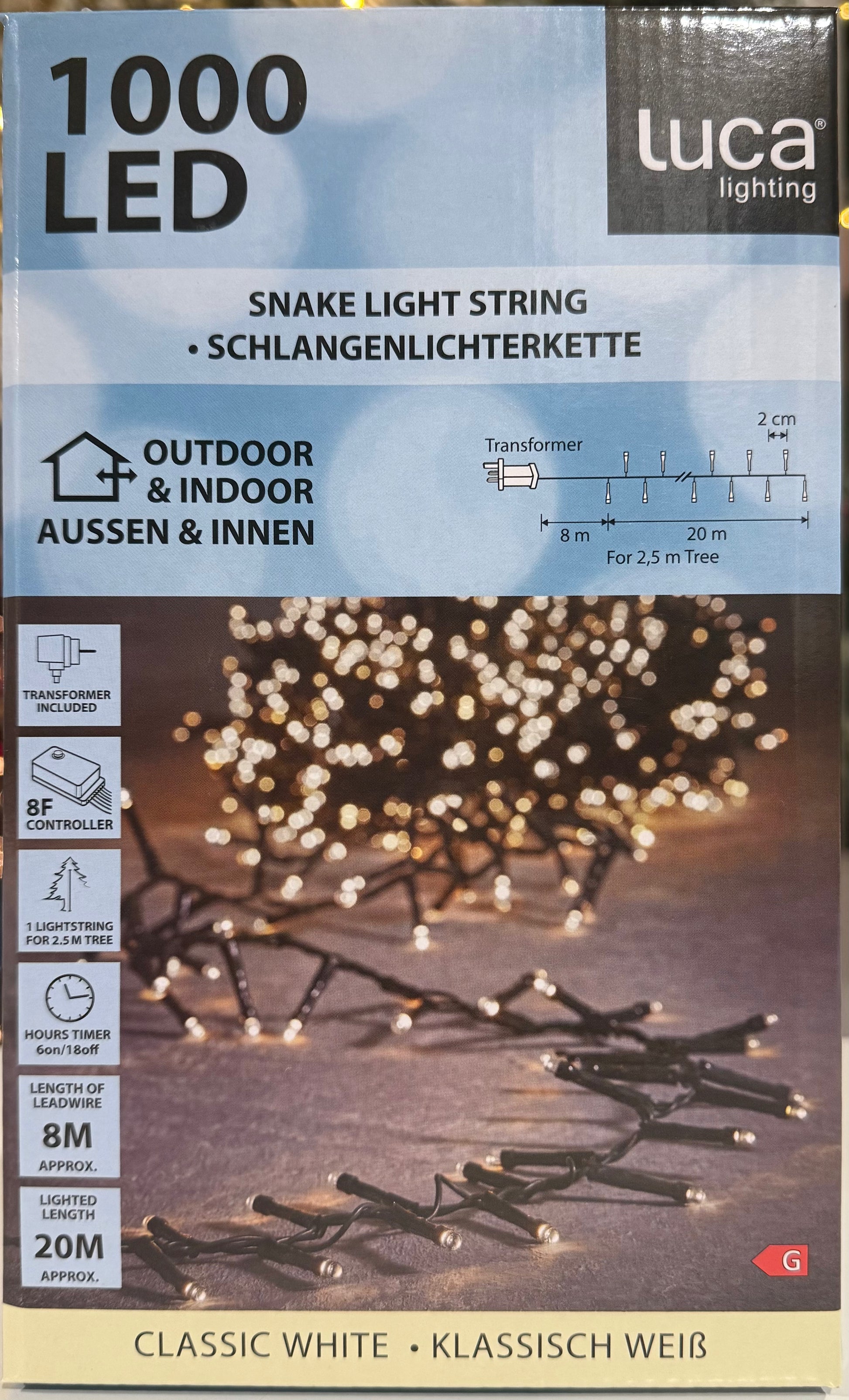 Catena luminosa con 1000 LED a luce calda naturale - 20 metri, 8 funzioni